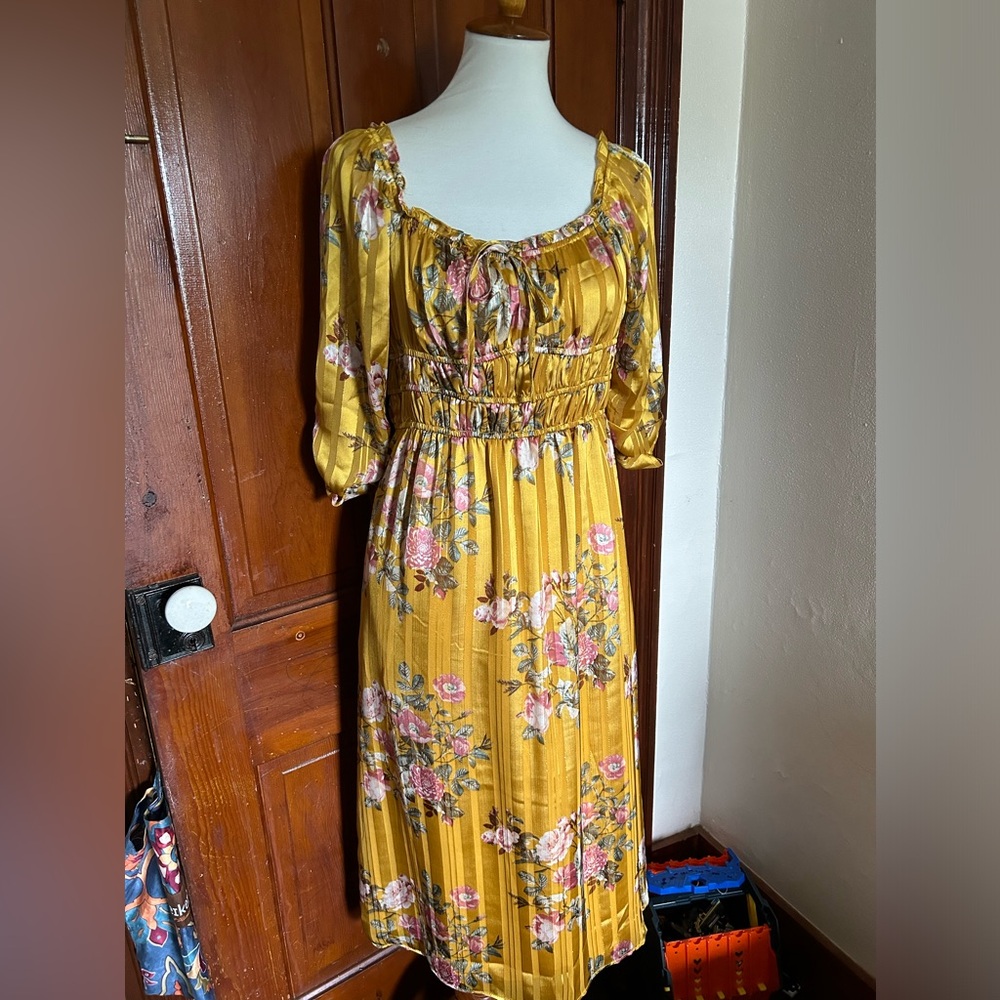 Gold Floral Milkmaid Vintage Style Dress